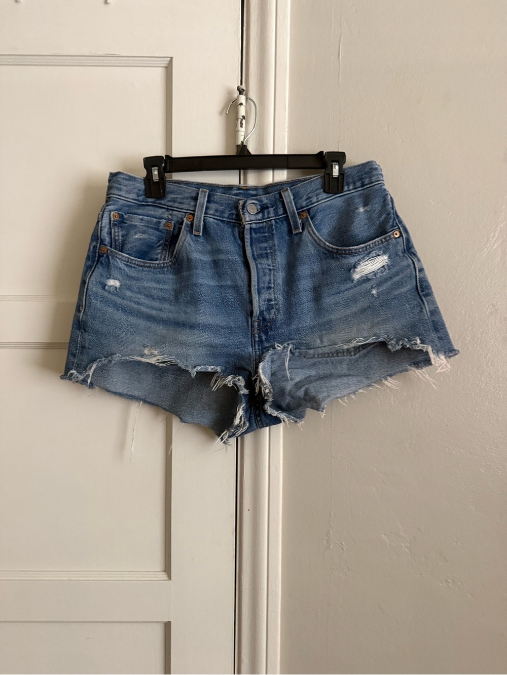 Levi's Light blue distressed high rise 501 shorts